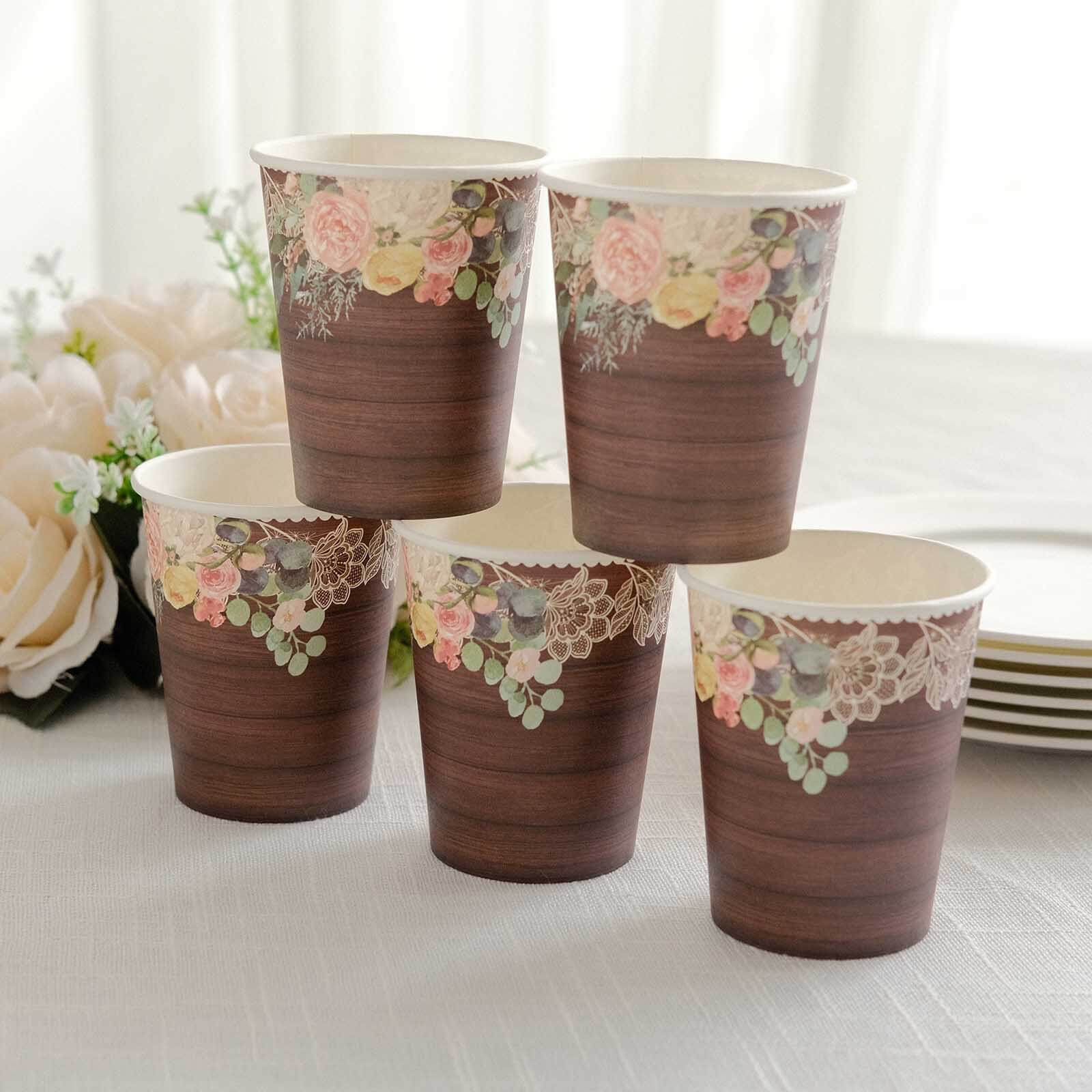 24-Pack Paper Cups 9oz Brown Wood Print with Floral Lace Rim - Rustic Disposable Party Cups for Farmhouse Events & Country Gatherings - Pack of 24